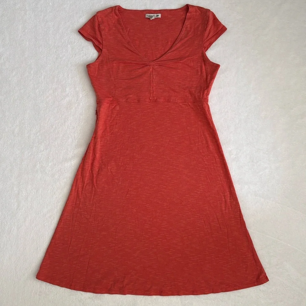 Toad & Co | Rosemarie V-Neck A-Line Cap Sleeve Dress Pocket Orange Stripe (S) - Picture 1 of 15